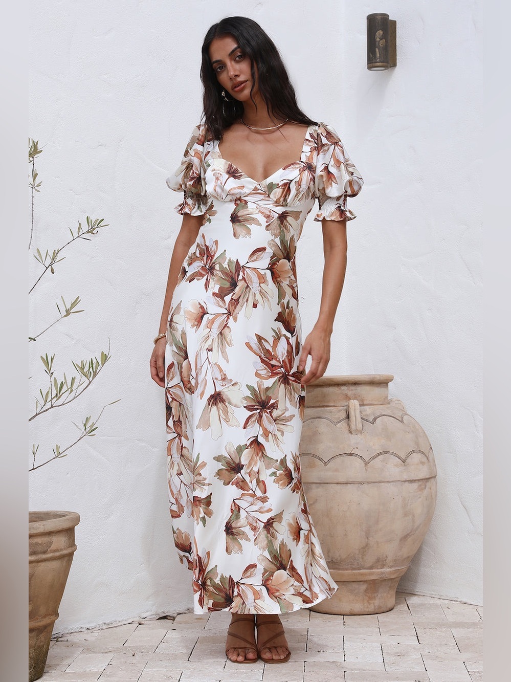 Floral Puff-Sleeve Maxi Dress in Ivory and Brown